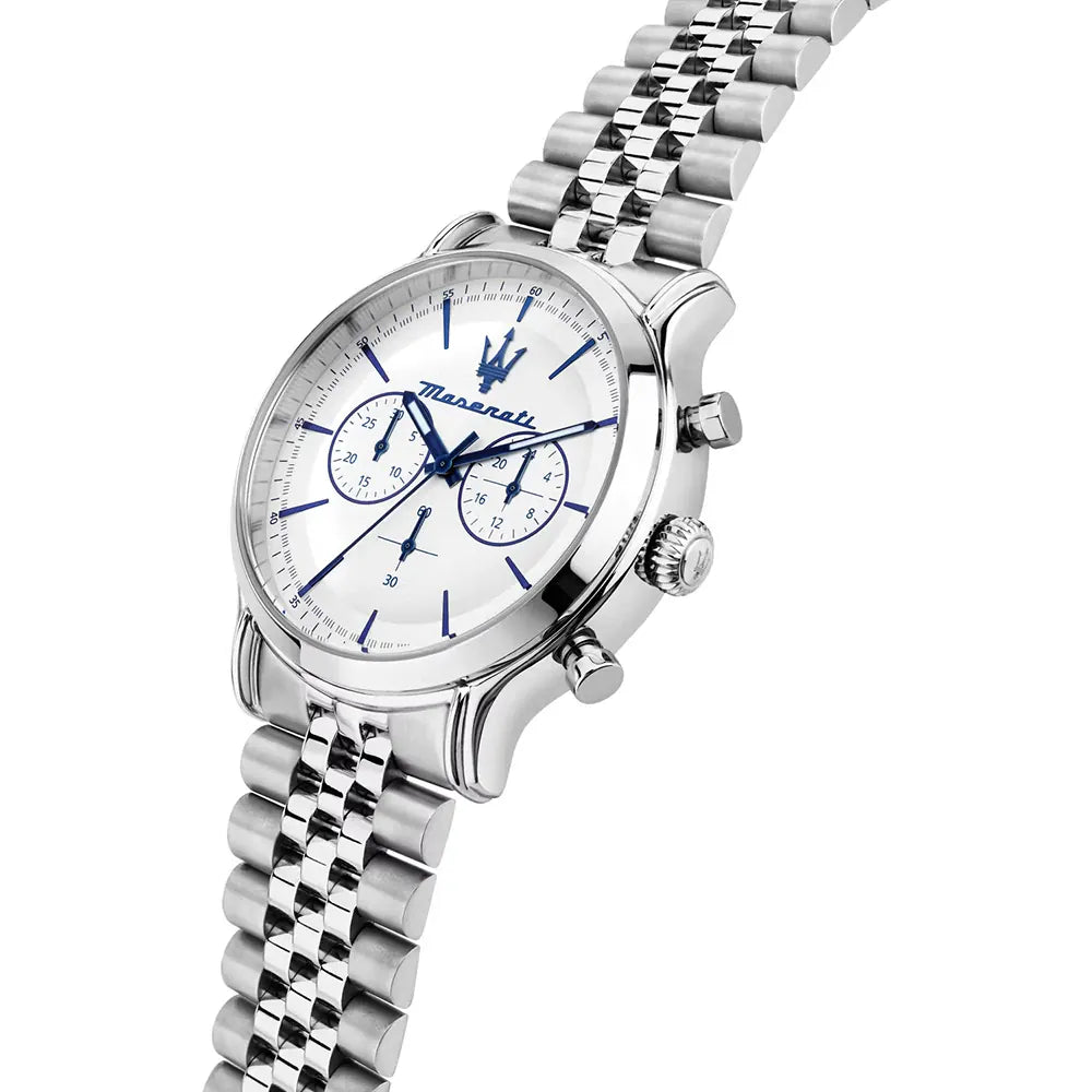 Maserati Epoca R8873618034 42mm Men’s Chronograph Watch – White Sunray Dial & Luxurious Silver Jubilee Stainless Steel Bracelet
