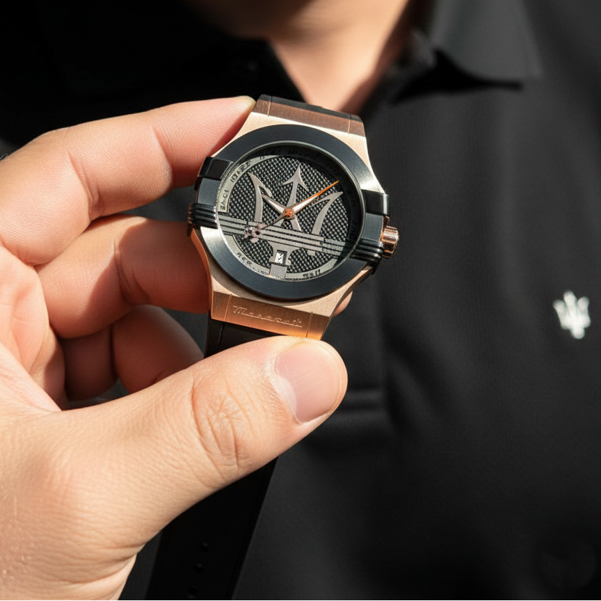 Maserati Potenza R8851108002 42mm Men’s Quartz Watch – Black Textured Dial & Black Rubber Strap