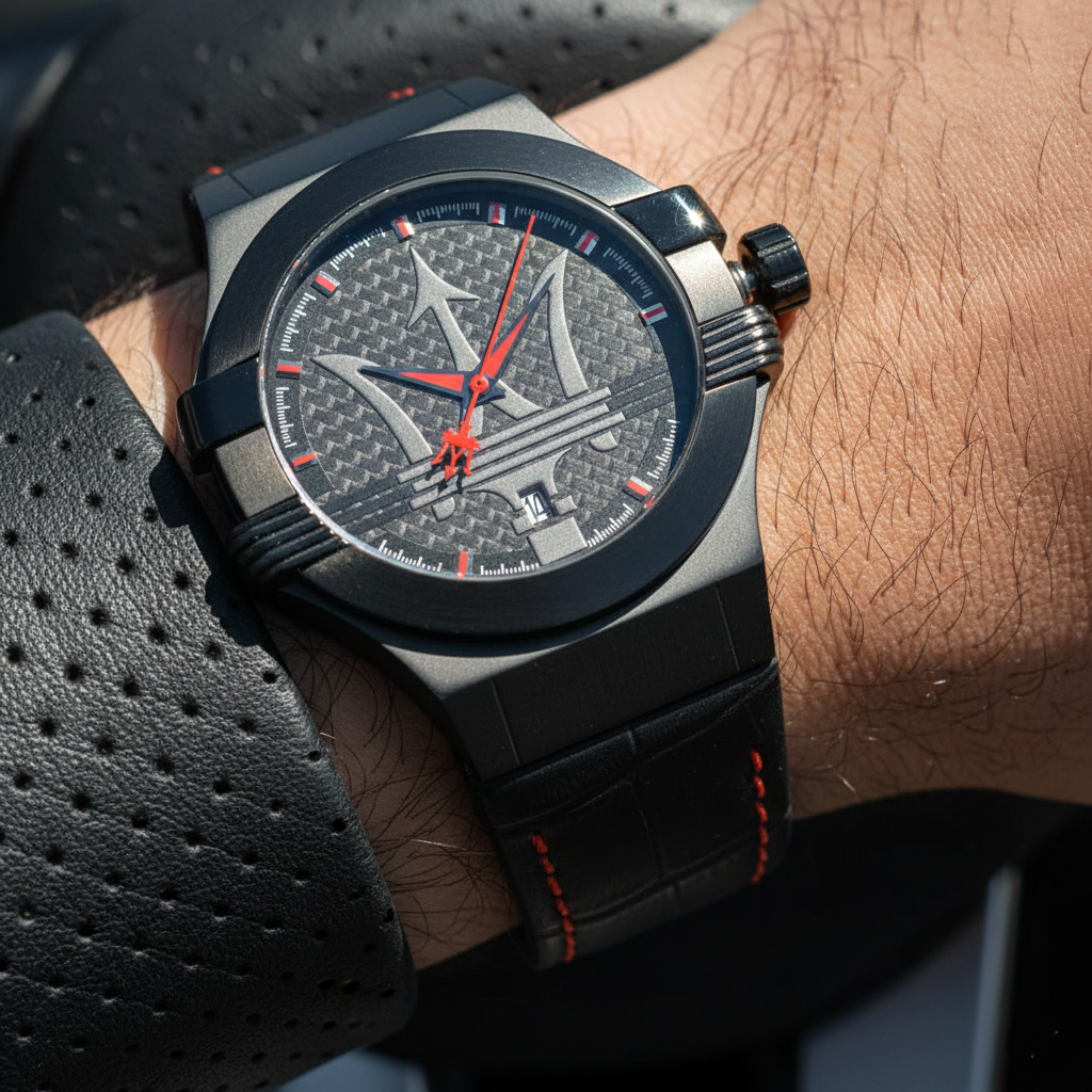 Maserati Potenza R8851108010 42mm Men’s Quartz Watch – Black Textured Dial & Black Leather Strap