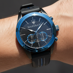 Maserati Traguardo R8871612006 45mm Men’s Chronograph Watch – Blue Bezel & Black Dial & Comfortable Black Rubber Strap