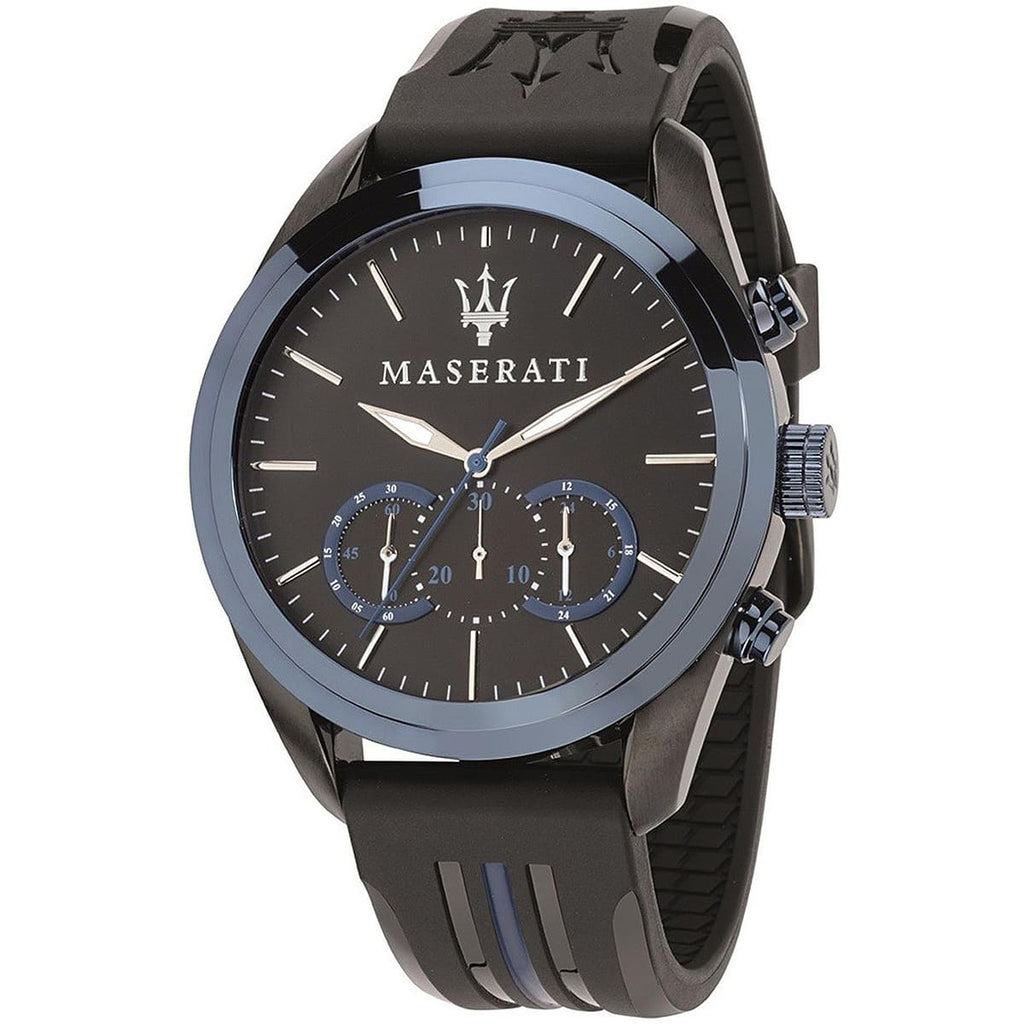Maserati Traguardo R8871612006 45mm Men’s Chronograph Watch – Blue Bezel & Black Dial & Comfortable Black Rubber Strap