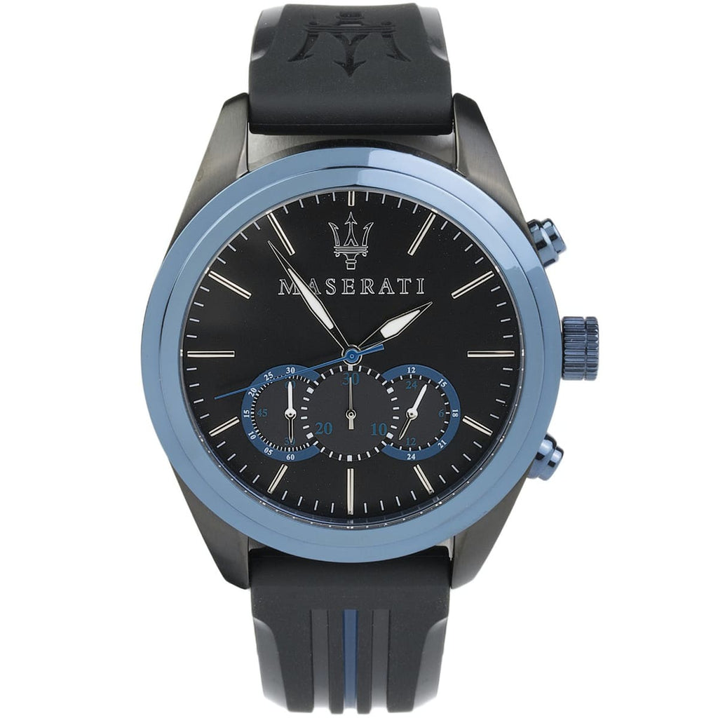 Maserati Traguardo R8871612006 45mm Men’s Chronograph Watch – Blue Bezel & Black Dial & Comfortable Black Rubber Strap