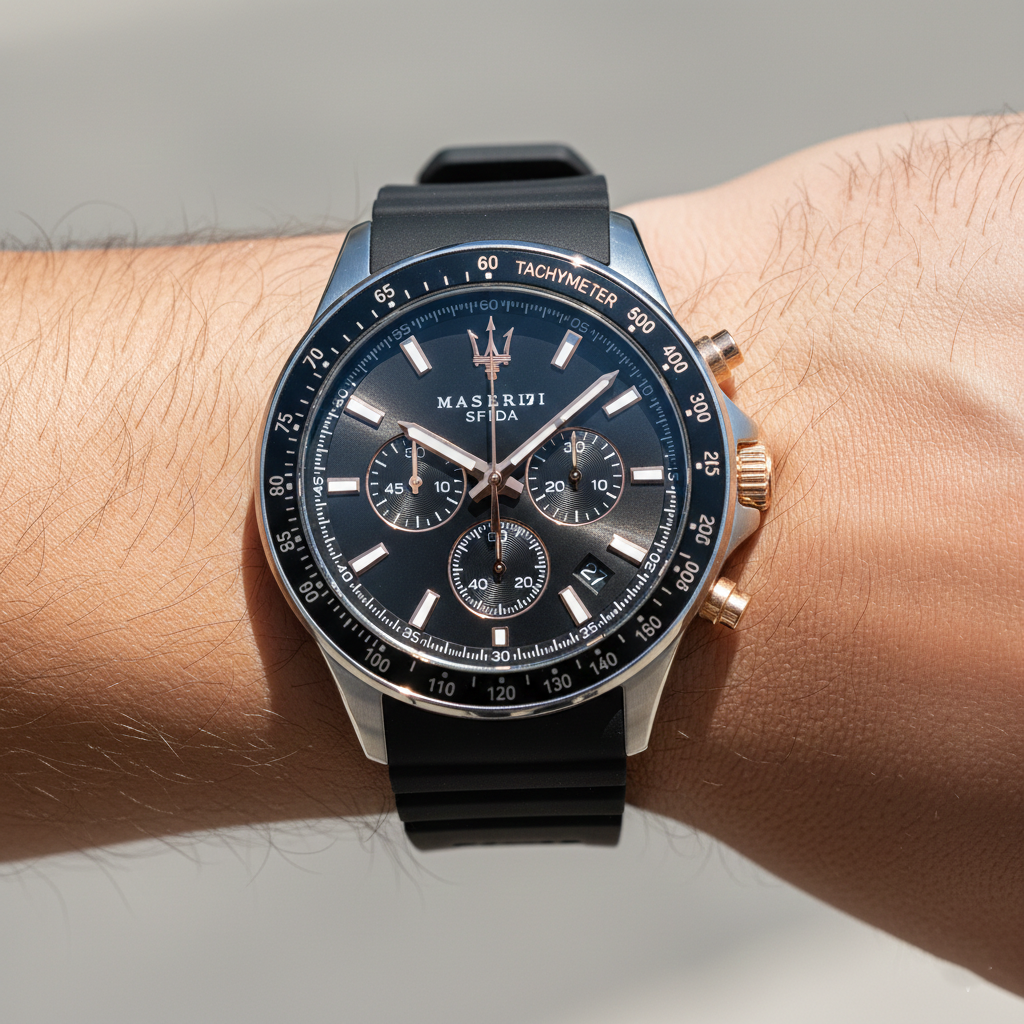 Maserati Sfida R8871640002 44mm Men’s Chronograph Watch – Black Dial & Comfortable Black Silicone Rubber Strap