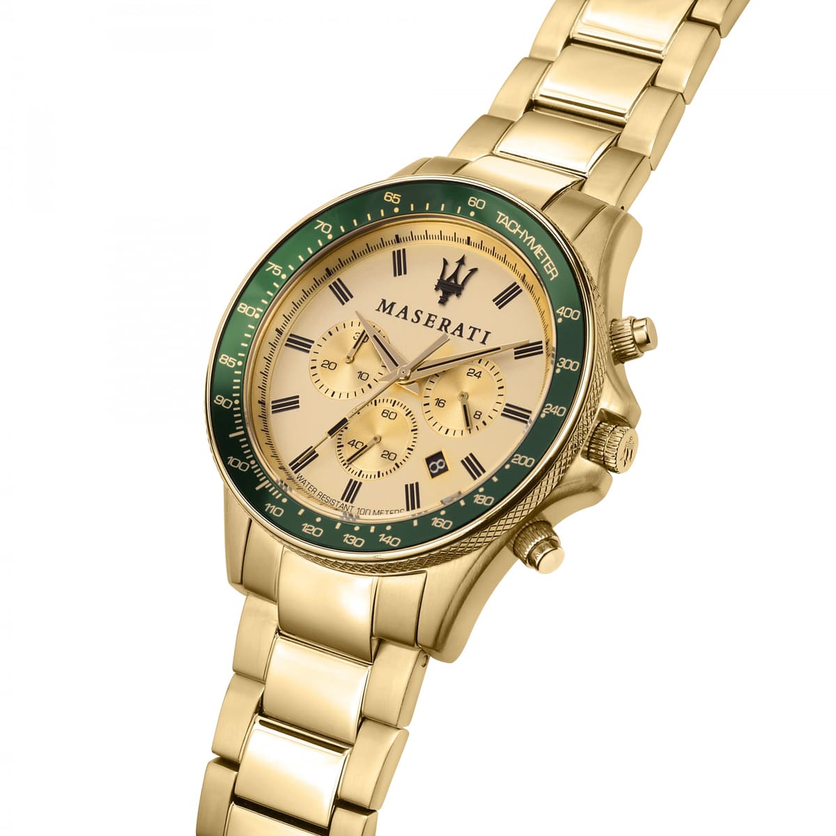 Maserati Sfida R8873640005 44mm Men’s Chronograph Watch – Vibrant Gold Sunray Dial & Gold-Tone Stainless Steel Link Bracelet
