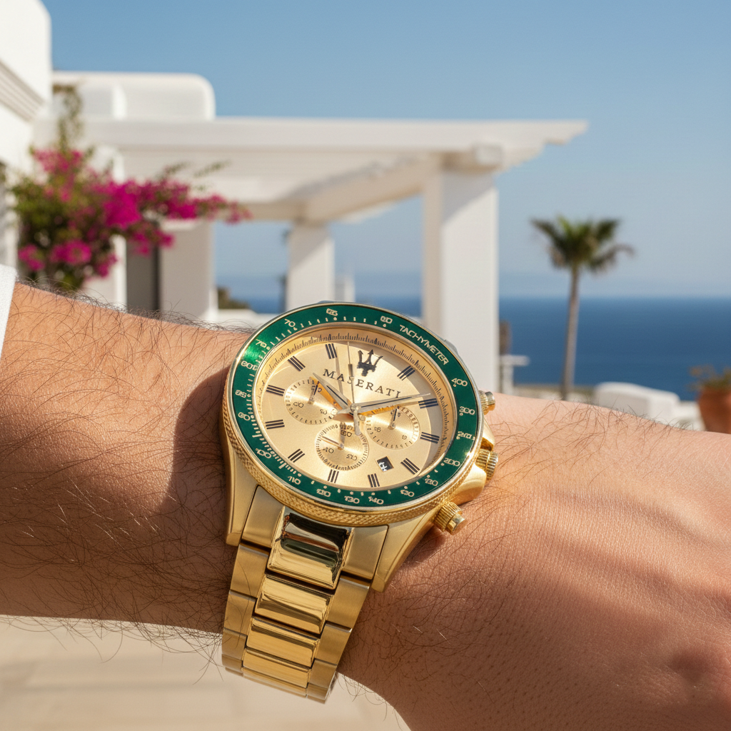 Maserati Sfida R8873640005 44mm Men’s Chronograph Watch – Vibrant Gold Sunray Dial & Gold-Tone Stainless Steel Link Bracelet