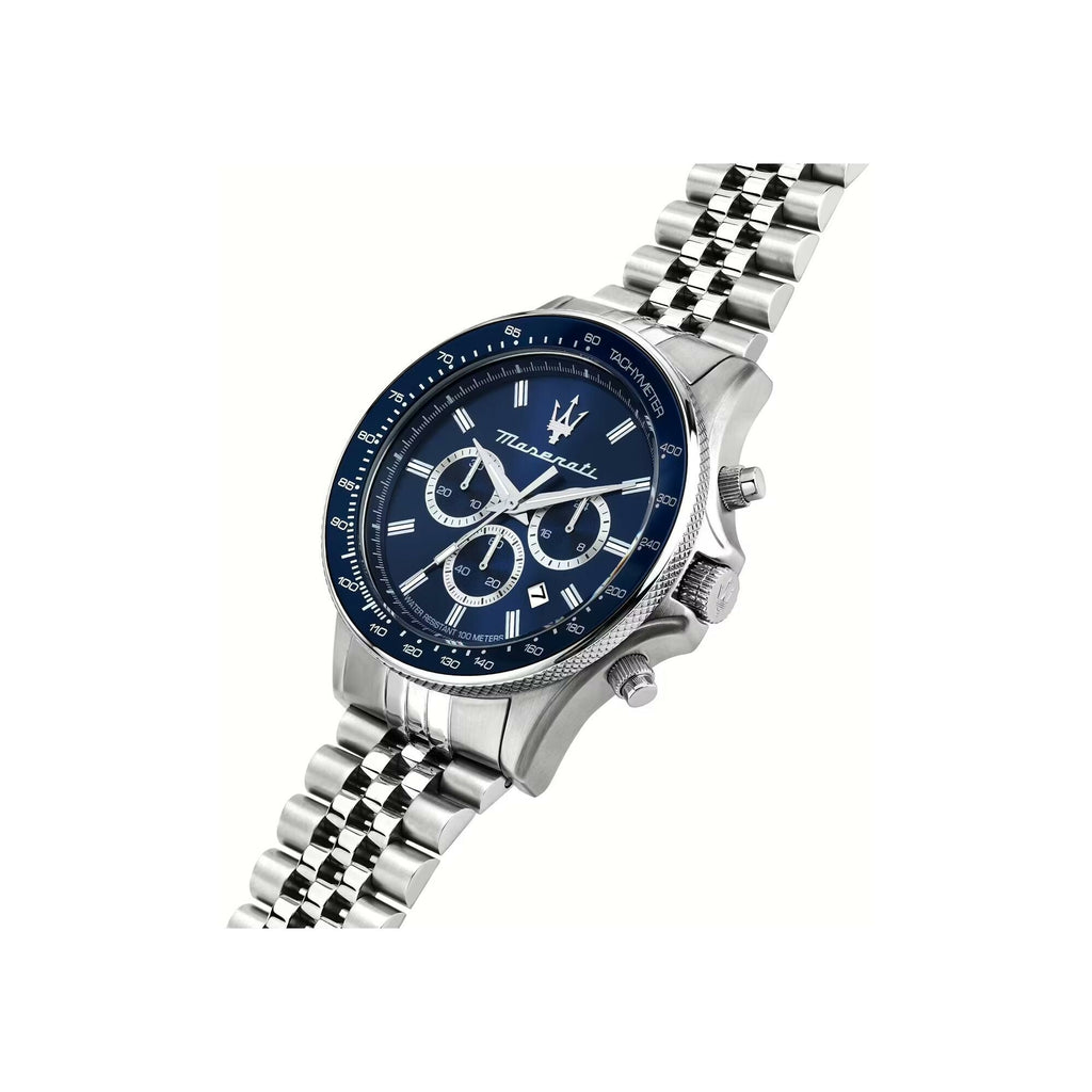 Maserati Sfida R8873640025 44mm Men’s Chronograph Watch – Blue Sunray Dial & Distinguished Silver Jubilee Link Bracelet