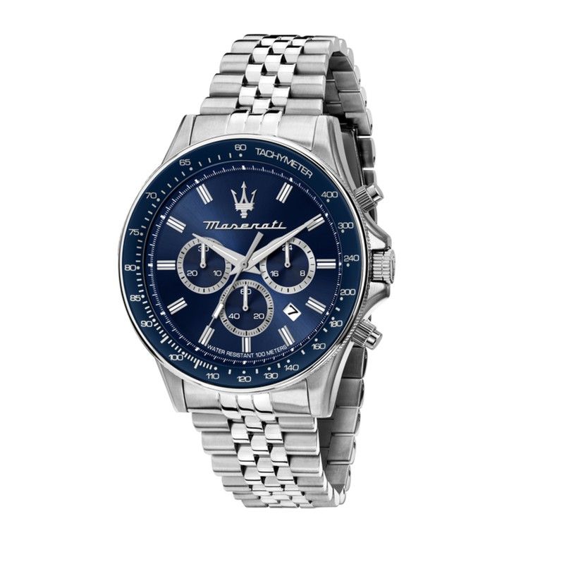 Maserati Sfida R8873640025 44mm Men’s Chronograph Watch – Blue Sunray Dial & Distinguished Silver Jubilee Link Bracelet