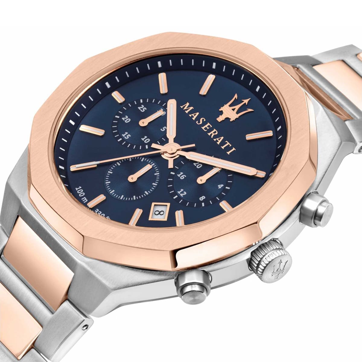 Maserati Stile R8873642002 45mm Men’s Chronograph Watch – Textured Navy Blue Dial & Two-Tone Link Bracelet