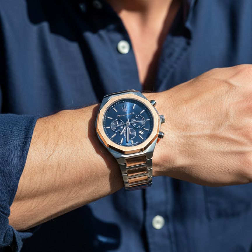 Maserati Stile R8873642002 45mm Men’s Chronograph Watch – Textured Navy Blue Dial & Two-Tone Link Bracelet