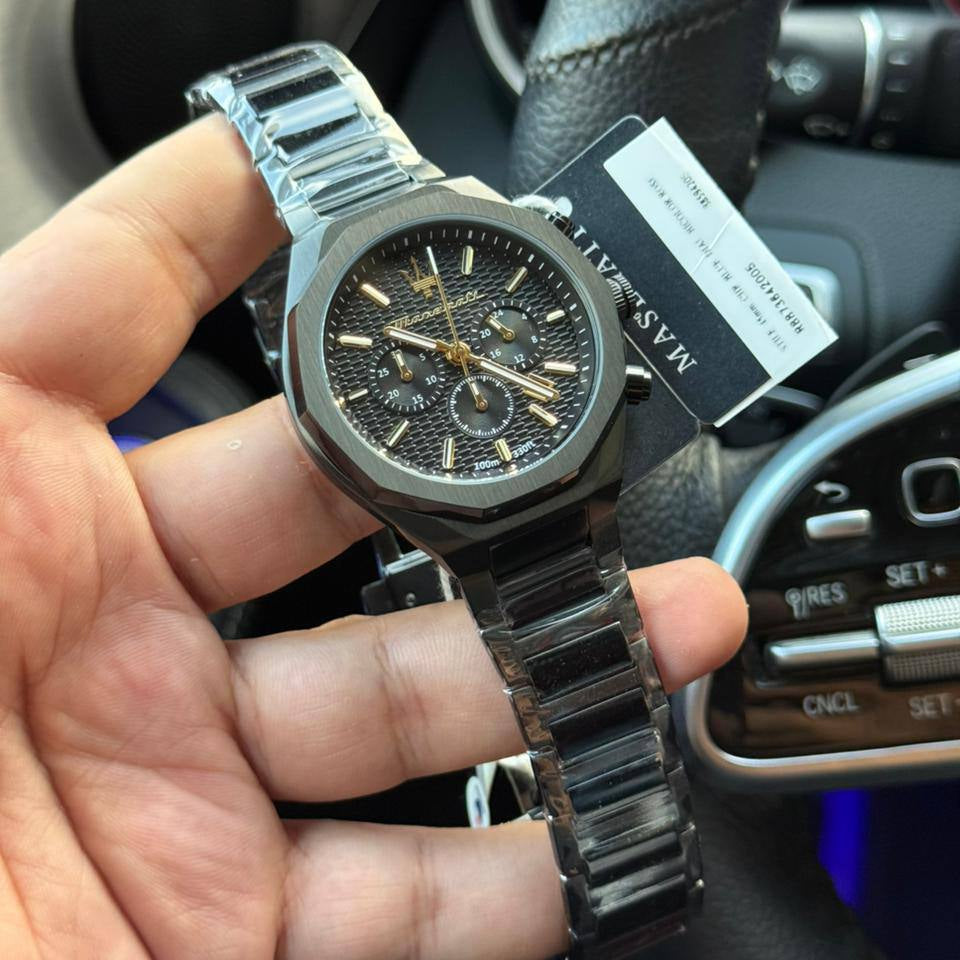 Maserati Stile R8873642005 45mm Men’s Chronograph Watch – Black Textured Dial & Black Stainless Steel Link Bracelet