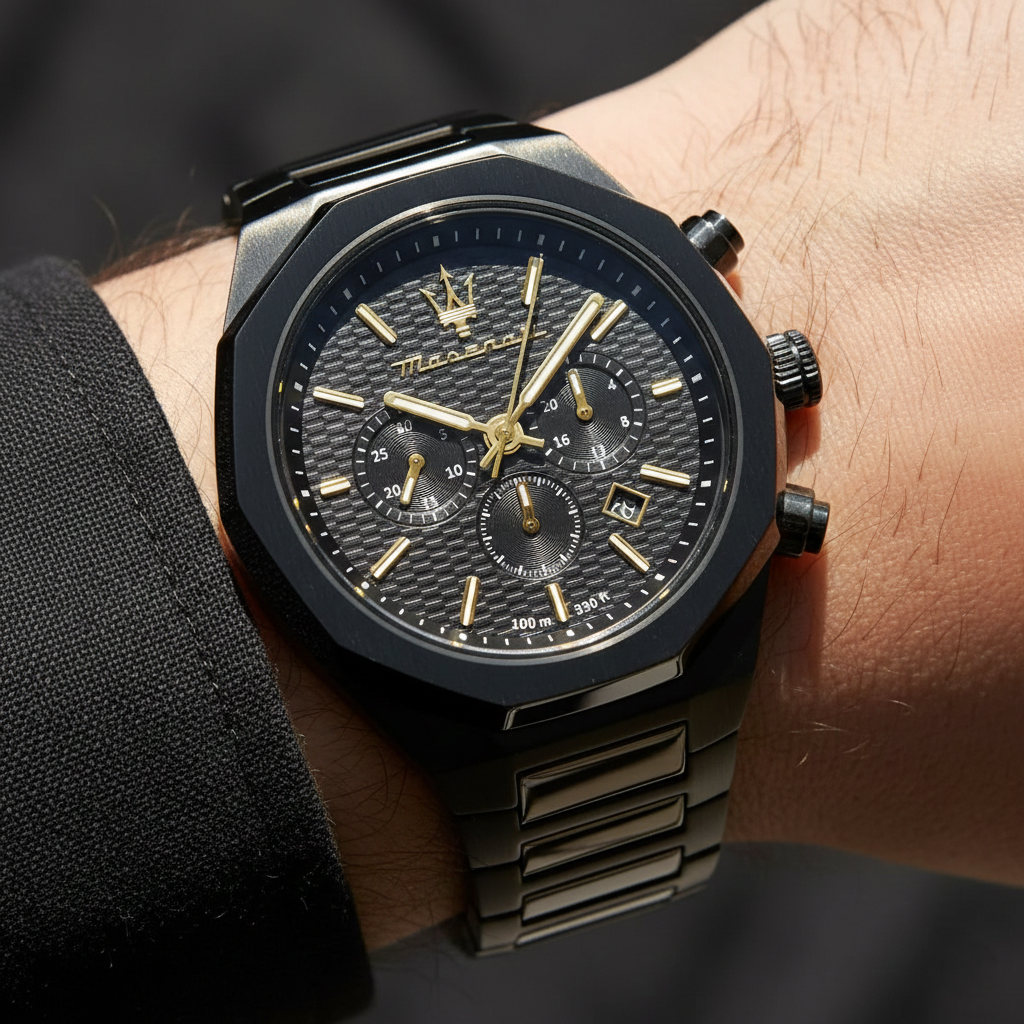 Maserati Stile R8873642005 45mm Men’s Chronograph Watch – Black Textured Dial & Black Stainless Steel Link Bracelet