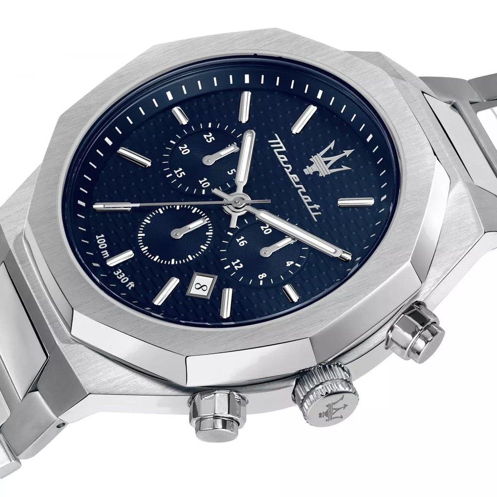 Maserati Stile R8873642006 45mm Men’s Chronograph Watch – Textured Navy Blue Dial & Stainless Steel Link Bracelet