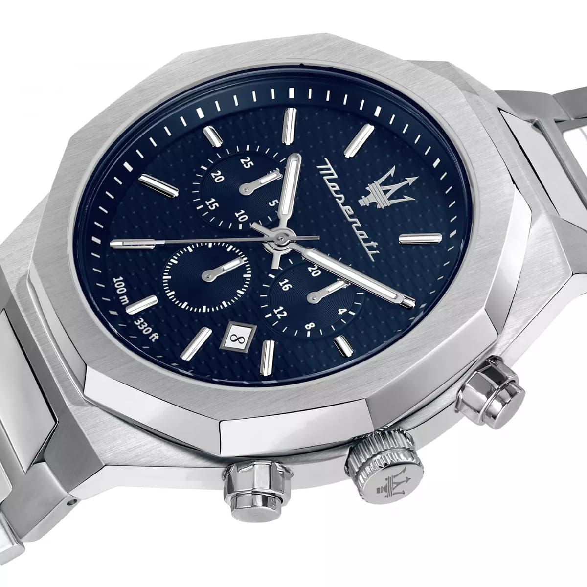 Maserati Stile R8873642006 45mm Men’s Chronograph Watch – Textured Navy Blue Dial & Stainless Steel Link Bracelet