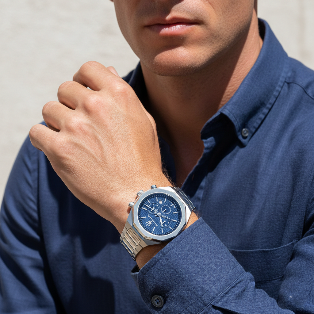 Maserati Stile R8873642006 45mm Men’s Chronograph Watch – Textured Navy Blue Dial & Stainless Steel Link Bracelet