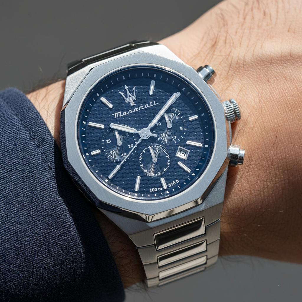 Maserati Stile R8873642006 45mm Men’s Chronograph Watch – Textured Navy Blue Dial & Stainless Steel Link Bracelet