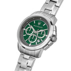 Maserati Successo R8873621017 44mm Men’s Chronograph Watch – Unique Green Sunray Dial & Silver Stainless Steel Link Bracelet