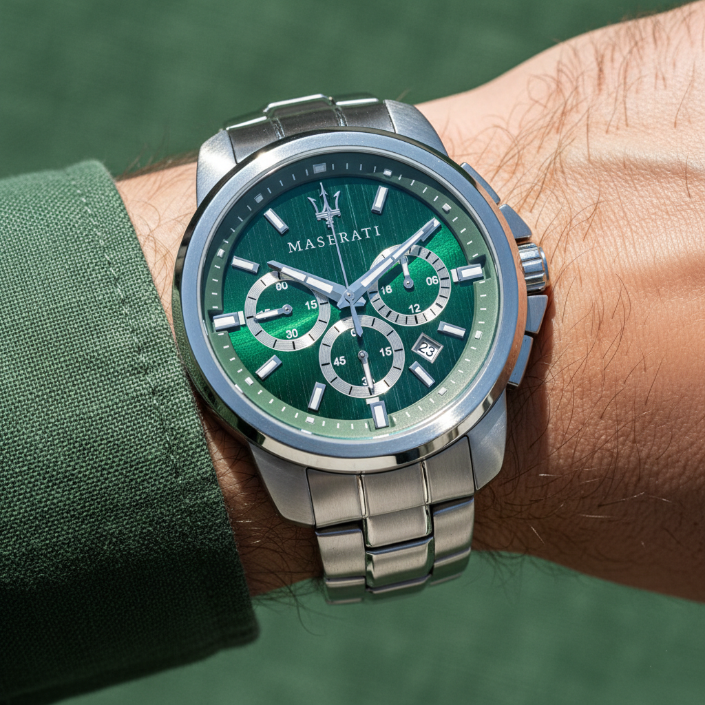 Maserati Successo R8873621017 44mm Men’s Chronograph Watch – Unique Green Sunray Dial & Silver Stainless Steel Link Bracelet