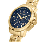 Maserati Successo R8873621021 44mm Men’s Chronograph Watch – Textured Navy Blue Dial & Gold-Tone Stainless Steel Link Bracelet