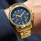 Maserati Successo R8873621021 44mm Men’s Chronograph Watch – Textured Navy Blue Dial & Gold-Tone Stainless Steel Link Bracelet