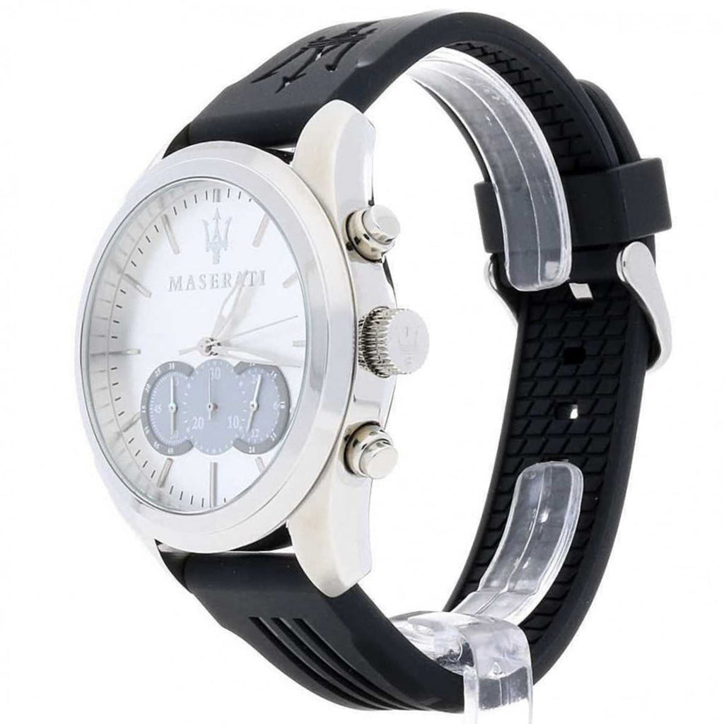 Maserati Traguardo R8871612012 45mm Men’s Chronograph Watch – Silver Sunray Dial & Black Rubber Strap