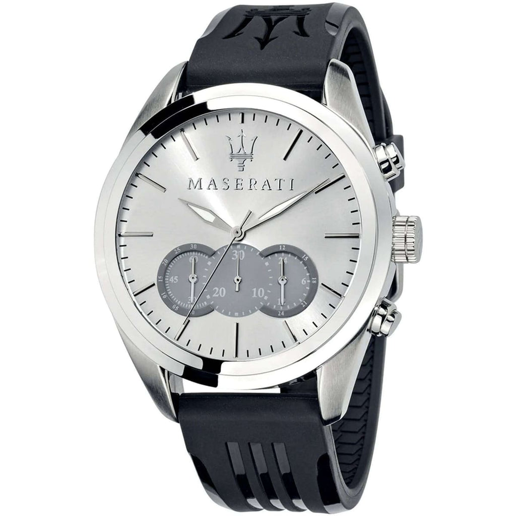 Maserati Traguardo R8871612012 45mm Men’s Chronograph Watch – Silver Sunray Dial & Black Rubber Strap
