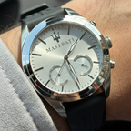 Maserati Traguardo R8871612012 45mm Men’s Chronograph Watch – Silver Sunray Dial & Black Rubber Strap