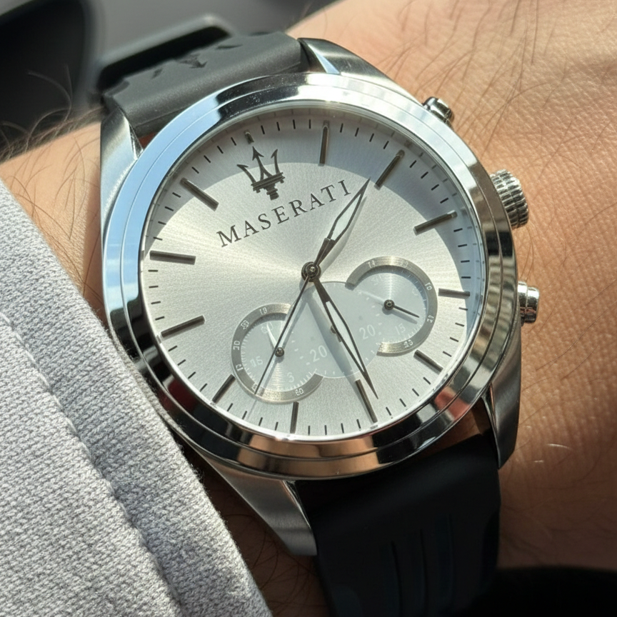 Maserati Traguardo R8871612012 45mm Men’s Chronograph Watch – Silver Sunray Dial & Black Rubber Strap