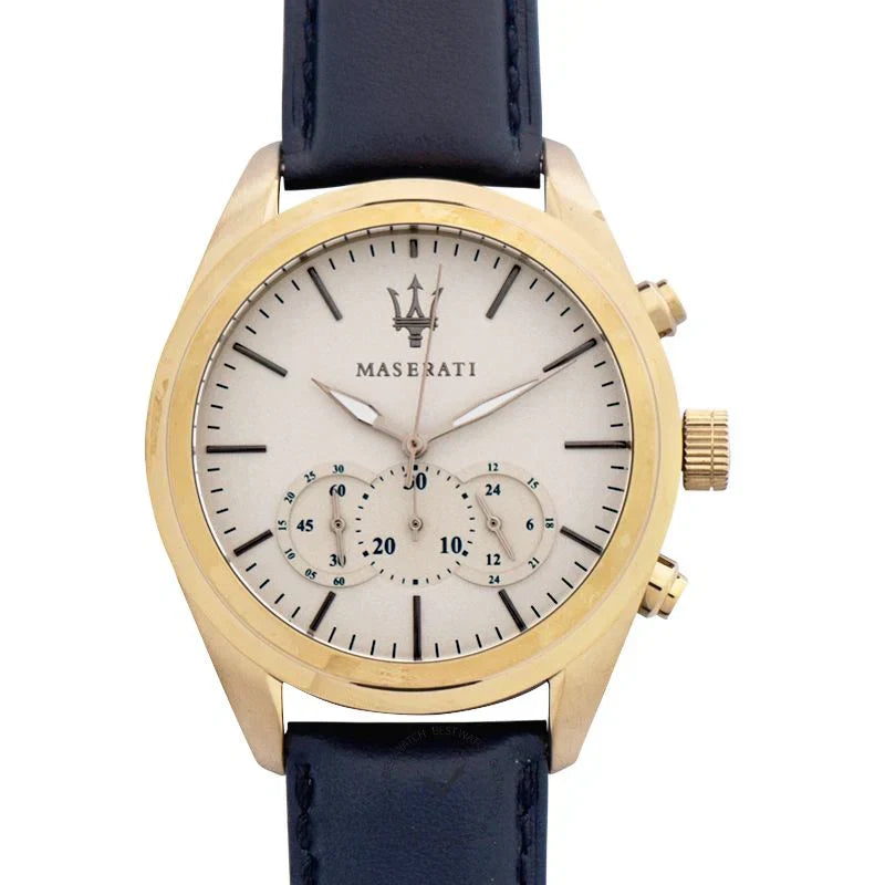Maserati Traguardo R8871612016 45mm Men’s Chronograph Watch – Ivory / Beige Dial & Blue Leather Strap