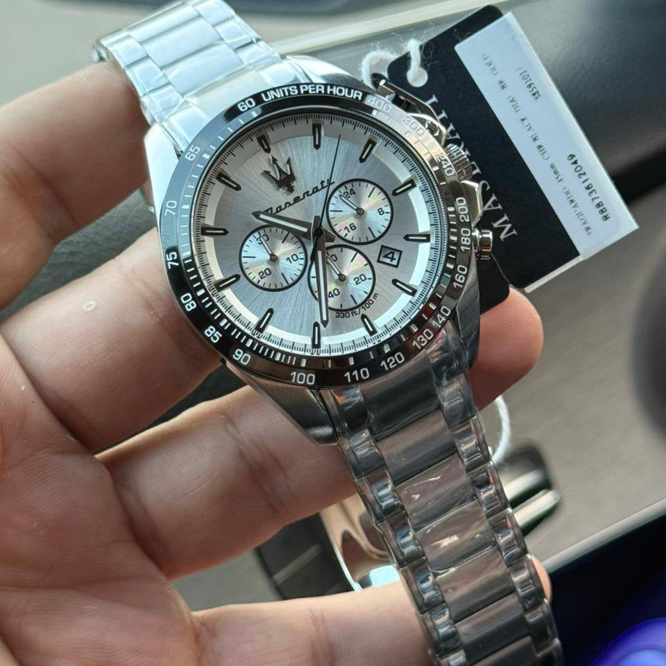 Maserati Traguardo R8873612049 45mm Men’s Chronograph Watch – Crisp Silver/white Sunray Dial & Silver Stainless Steel Link Bracelet