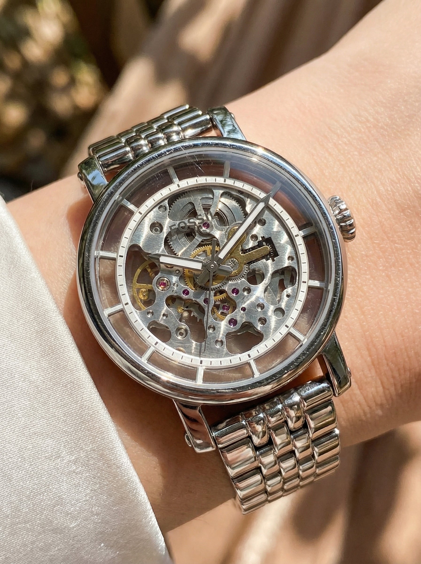Fossil Original Boyfriend ME3067 38mm Automatic Women’s Watch – Skeleton Dial & Silver-Tone Stainless Steel Bracelet