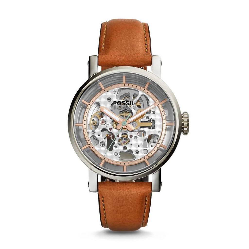Fossil Original Boyfriend ME3109 38mm Automatic Women’s Watch – Skeleton Dial, Silver-Tone Case & Tan Leather Strap