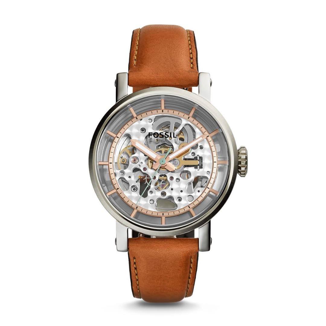 Fossil Original Boyfriend ME3109 38mm Automatic Women’s Watch – Skeleton Dial, Silver-Tone Case & Tan Leather Strap