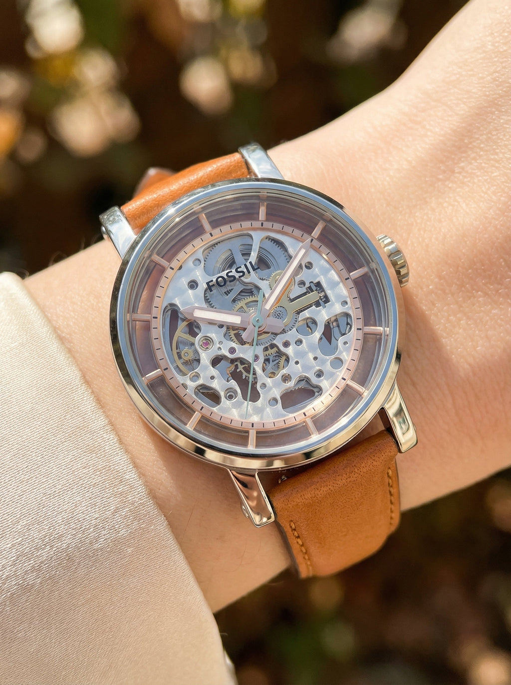 Fossil Original Boyfriend ME3109 38mm Automatic Women’s Watch – Skeleton Dial, Silver-Tone Case & Tan Leather Strap