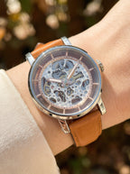 Fossil Original Boyfriend ME3109 38mm Automatic Women’s Watch – Skeleton Dial, Silver-Tone Case & Tan Leather Strap