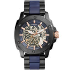 Fossil ME3133 45mm Men’s Automatic Watch – Blue Skeleton Dial & Black and Blue Stainless Steel and Rubber Strap
