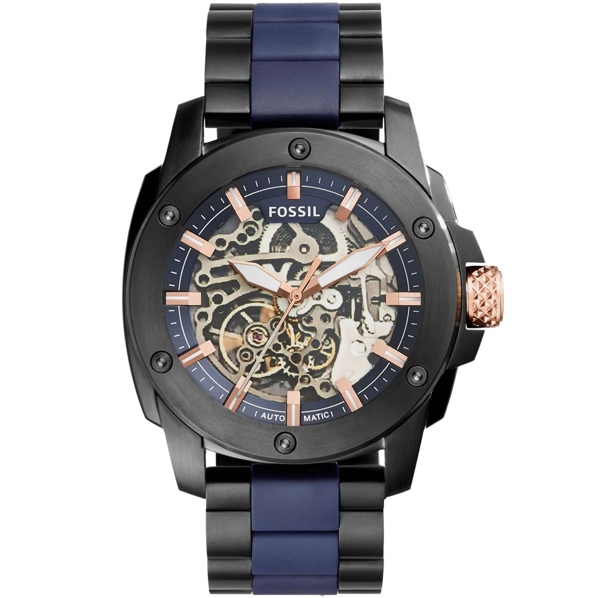 Fossil ME3133 45mm Men’s Automatic Watch – Blue Skeleton Dial & Black and Blue Stainless Steel and Rubber Strap
