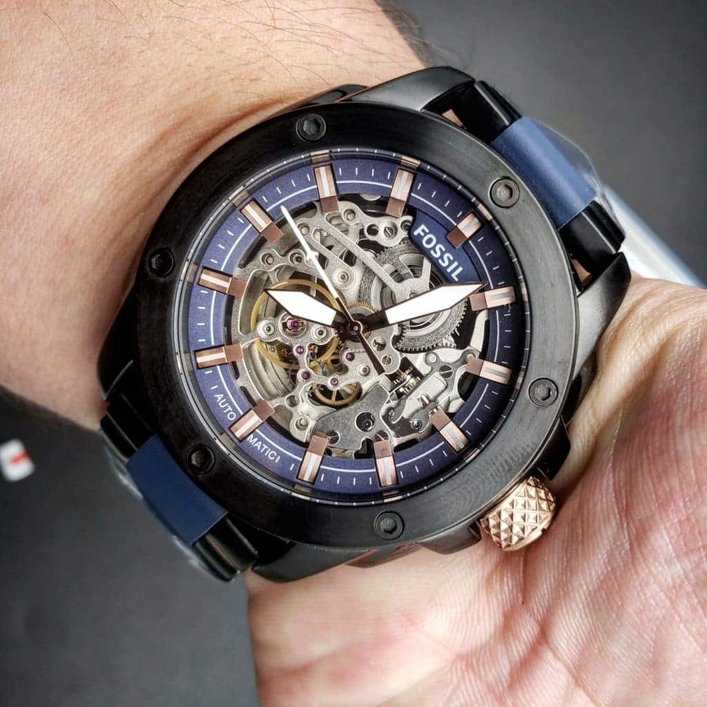 Fossil ME3133 45mm Men’s Automatic Watch – Blue Skeleton Dial & Black and Blue Stainless Steel and Rubber Strap