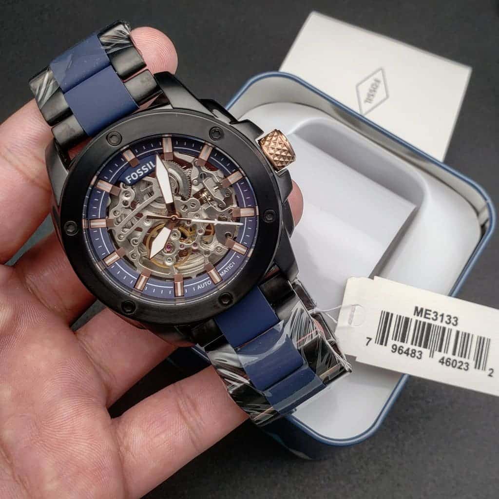 Fossil ME3133 45mm Men’s Automatic Watch – Blue Skeleton Dial & Black and Blue Stainless Steel and Rubber Strap