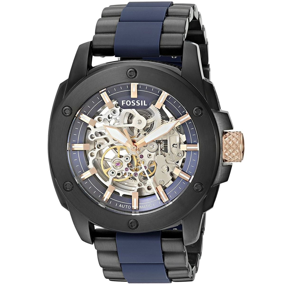 Fossil ME3133 45mm Men’s Automatic Watch – Blue Skeleton Dial & Black and Blue Stainless Steel and Rubber Strap