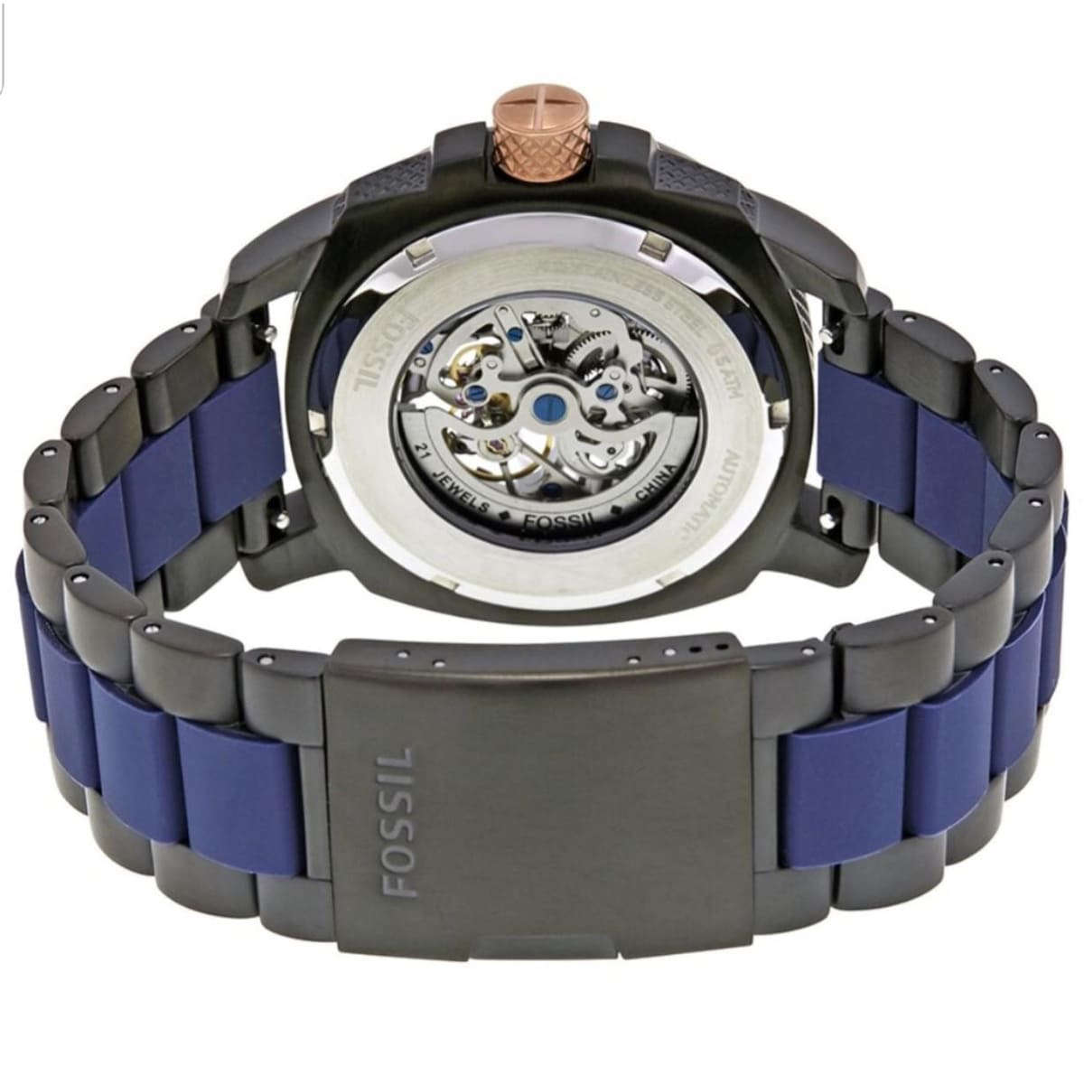 Fossil ME3133 45mm Men’s Automatic Watch – Blue Skeleton Dial & Black and Blue Stainless Steel and Rubber Strap