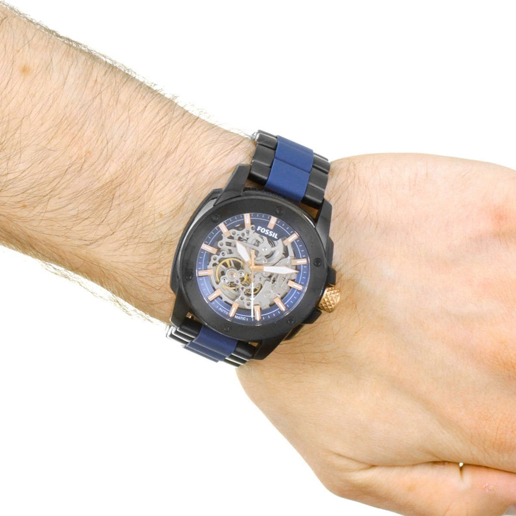 Fossil ME3133 45mm Men’s Automatic Watch – Blue Skeleton Dial & Black and Blue Stainless Steel and Rubber Strap