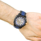 Fossil ME3133 45mm Men’s Automatic Watch – Blue Skeleton Dial & Black and Blue Stainless Steel and Rubber Strap
