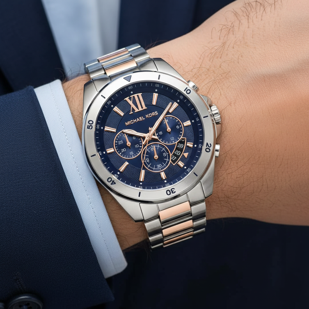 Michael Kors Brecken MK9065 44mm Men's Chronograph Watch – Navy Blue Textured & Two-Tone Silver and Gold Stainless Steel Bracelet