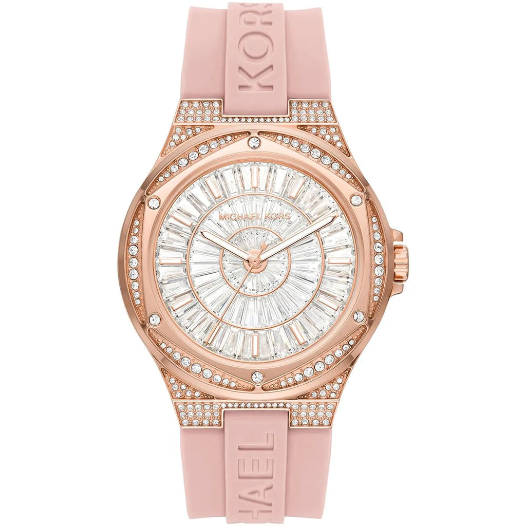 Michael Kors Camille MK7334 33mm Women's Quartz Watch – Pavé Rose Gold with Rose Gold Silicone Strap