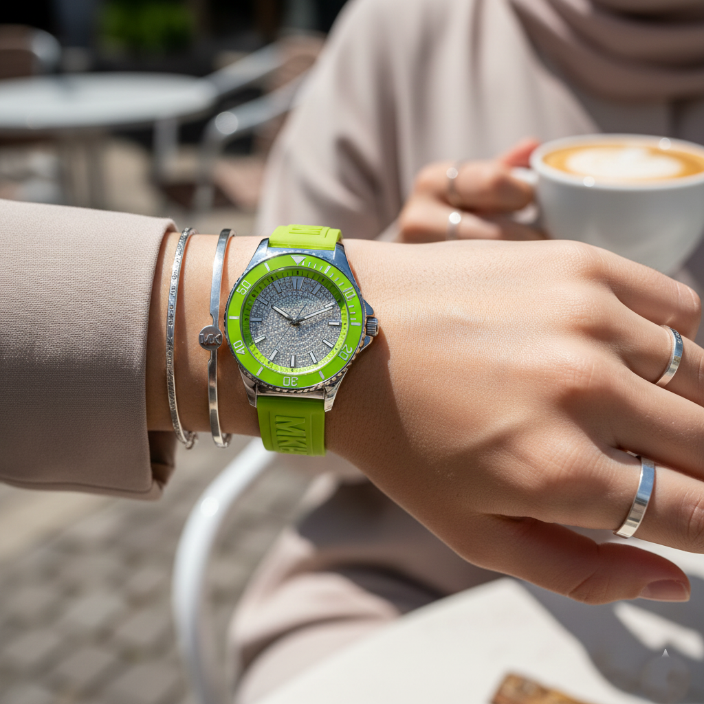 Michael Kors Everest MK7360 36mm Women's Quartz Watch – Pavé Green with Green Rubber Strap
