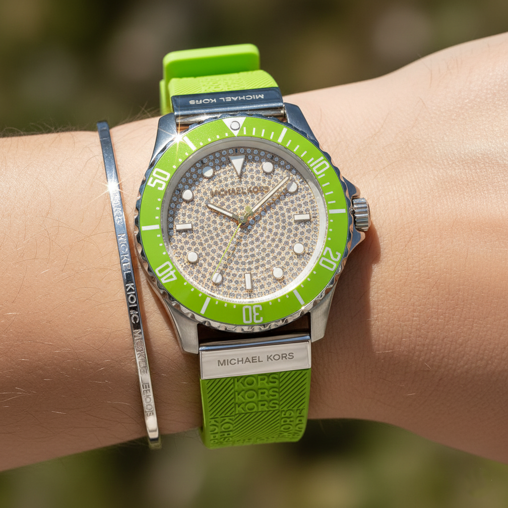 Michael Kors Everest MK7360 36mm Women's Quartz Watch – Pavé Green with Green Rubber Strap