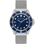 Michael Kors Everest MK9082 43mm Men's Quartz Watch – Navy Blue Textured & Silver Stainless Steel Mesh Bracelet