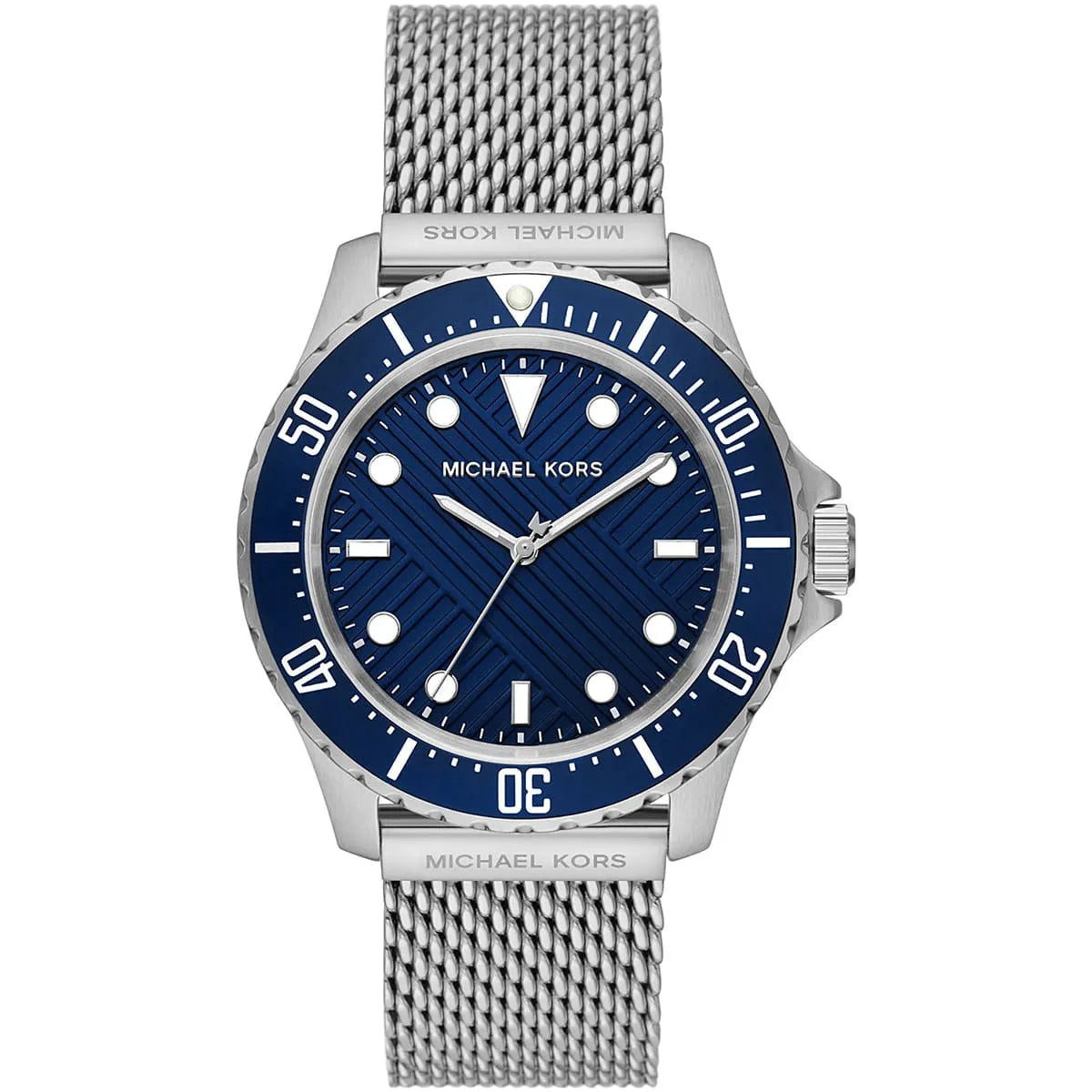 Michael Kors Everest MK9082 43mm Men's Quartz Watch – Navy Blue Textured & Silver Stainless Steel Mesh Bracelet