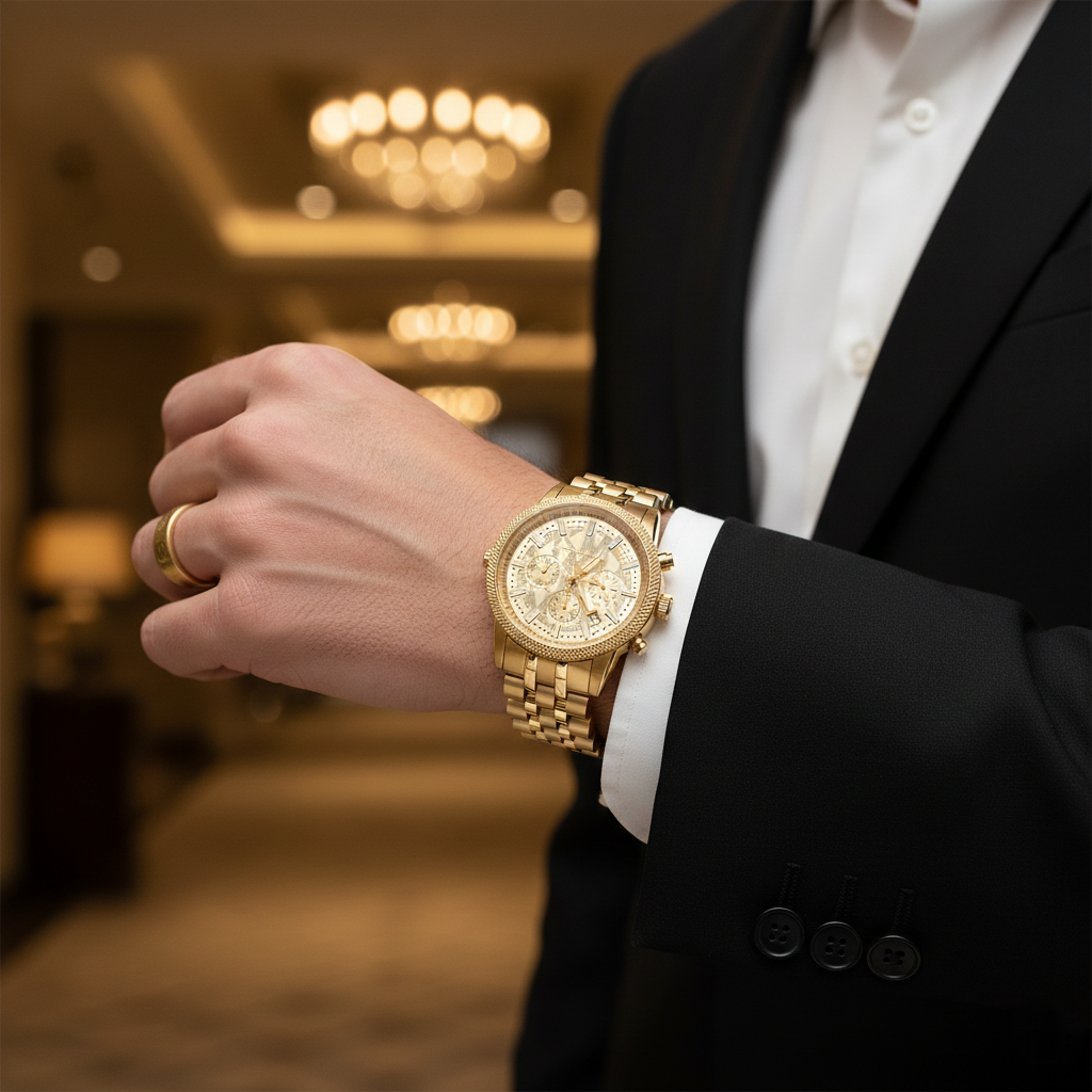Michael Kors Hutton MK8953 43mm Men's Chronograph Watch – Gold Textured & Gold-Tone Stainless Steel Bracelet