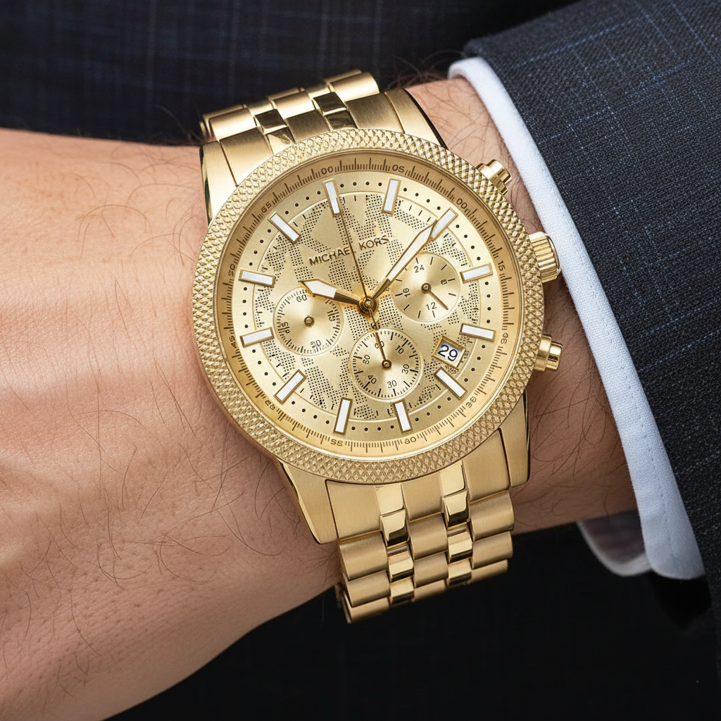 Michael Kors Hutton MK8953 43mm Men's Chronograph Watch – Gold Textured & Gold-Tone Stainless Steel Bracelet